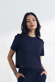 Cielcoco CLWT8104 Cooling Ribbed Cropped Short Sleeve Women Nylon Workout Top T-Shirt _Dark Navy _ Made in Korea